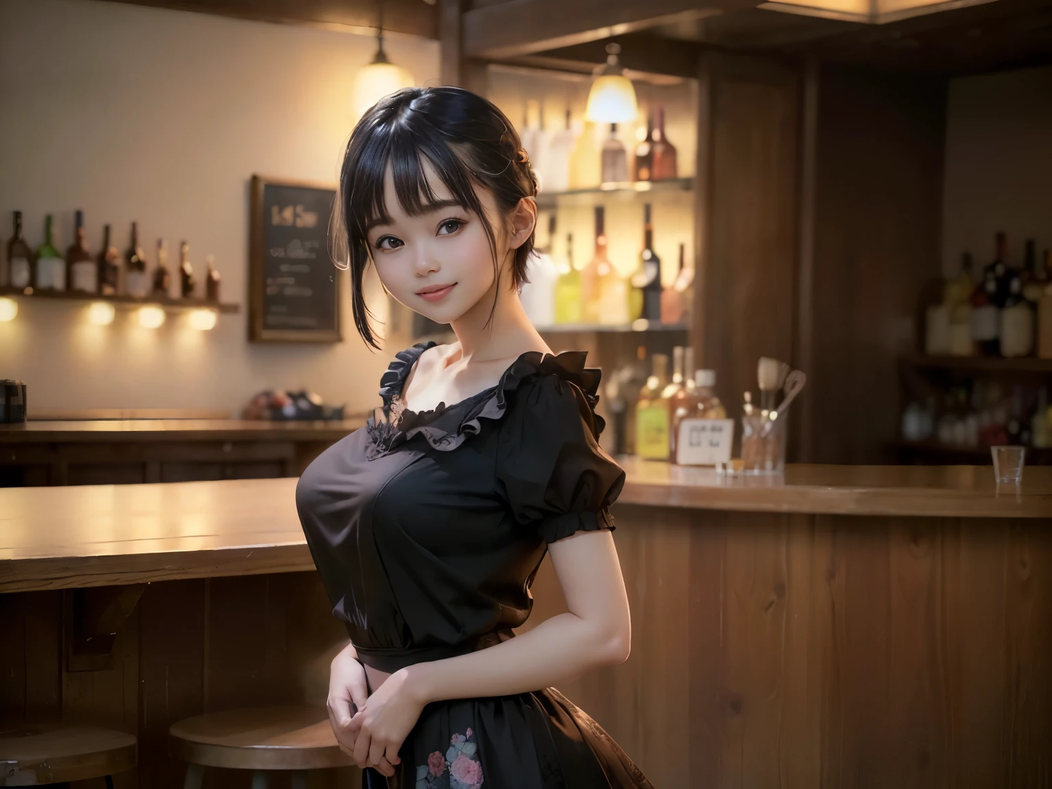 (Highest quality, masterpiece, Ultra-high resolution, 8k, RAW Photos, Realistic, Anatomically correct:1.5), 20-year-old girl:1.2, Embarrassing, avert your eyes, blush:1.0, View Viewer, ((bar)) 、Large windows、Night view、 Light:1.2, Bokeh, Cinema Lighting:1.0, Depth of written boundary, sharp、 Cute Face、Idol、(Black short sleeve lace top)、(Black tulle skirt)、(Black clothing)、(Floral clothes)、”dwarf”、(Full Body Shot)、(Side angle)、Cowboy Shot、( smile)、((Ultra short hair、Berry Short))、(Straight bangs)、((See-through))、(( One woman))、look back、I can see your belly button、