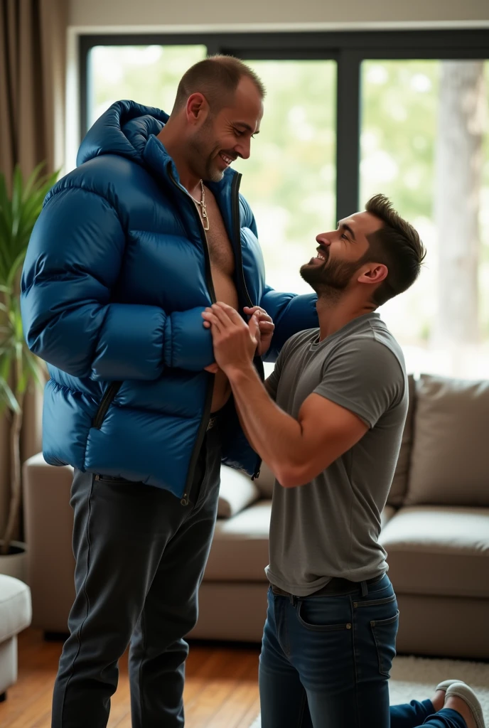 Create a hyper-realistic, high-resolution image showing two extremely handsome brightly lit living room. The wonderful and seductive uncle, aged 42, with short hair beginning to show signs of balding, is wearing dark pants and an open, *extremely shiny blue nylon puffer jacket* that exposes his slightly hairy chest and slightly prominent belly. He is kneeling on the floor, *wearing a collar around his neck*, being pulled by his gorgeous domineering nephew, a 26 yo man with a naturally attractive physique, *dressed in a fitted shirt and casual pants*, stand in the side of his submissive womderful uncle. (((The *nephew pulls the collar with a confident and authoritative expression*, while the uncle, *kneeling*, looks up with a submissive expression))). The living room is natural high illumination, with natural, comfortable decor that enhances the realism of the scene. The image should capture every detail with precision, emphasizing the interaction and contrast of roles between the two men. HANSOME DOMINEERING NEPHEW STANDS NEXT TO HIS WONDERFUL SUBMISSIVE UNCLE KNEELING ON THE FLOOR BEING HUMILIATED AND TREATING LIKE AN ANIMAL TO A NEPHEW.