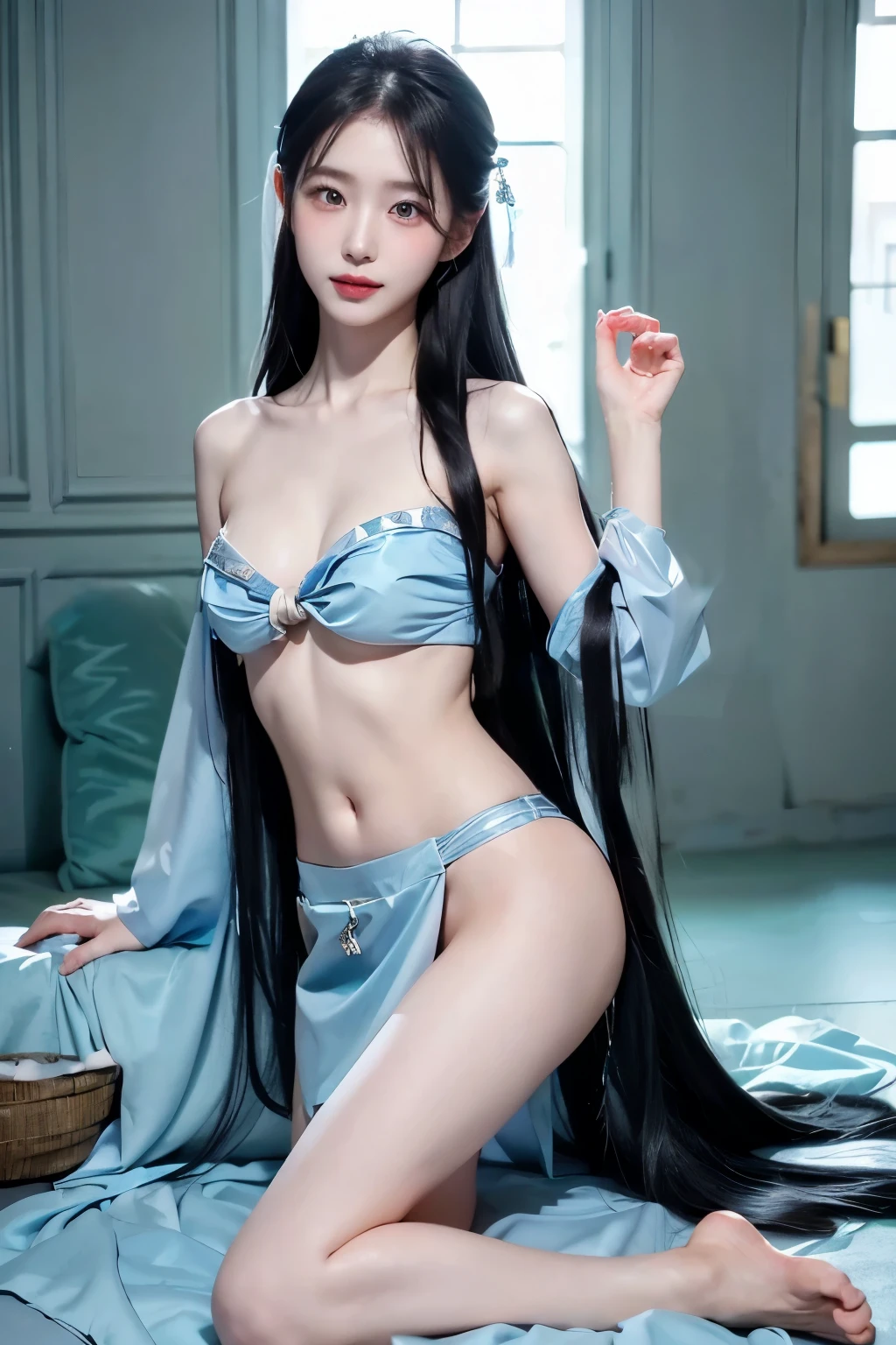((beautiful korean girl)), ((super bright pale skin)), ((glamour sensual body)), ((high-level image quality)), (Like a shot with an SLR) , ((Beautiful legs)), ((little smile)), ((semi-nude looks glamourous silver skyblue colorful hanbok)), ((super pretty face)), ((Hair covers the ears and makes them invisible)), ((navel exposed)), ((slender but big breast)), ((off the shoulder)), ((underboob)), ((long black hairs)), ((sexy posture)), antient asian palace indoor background
