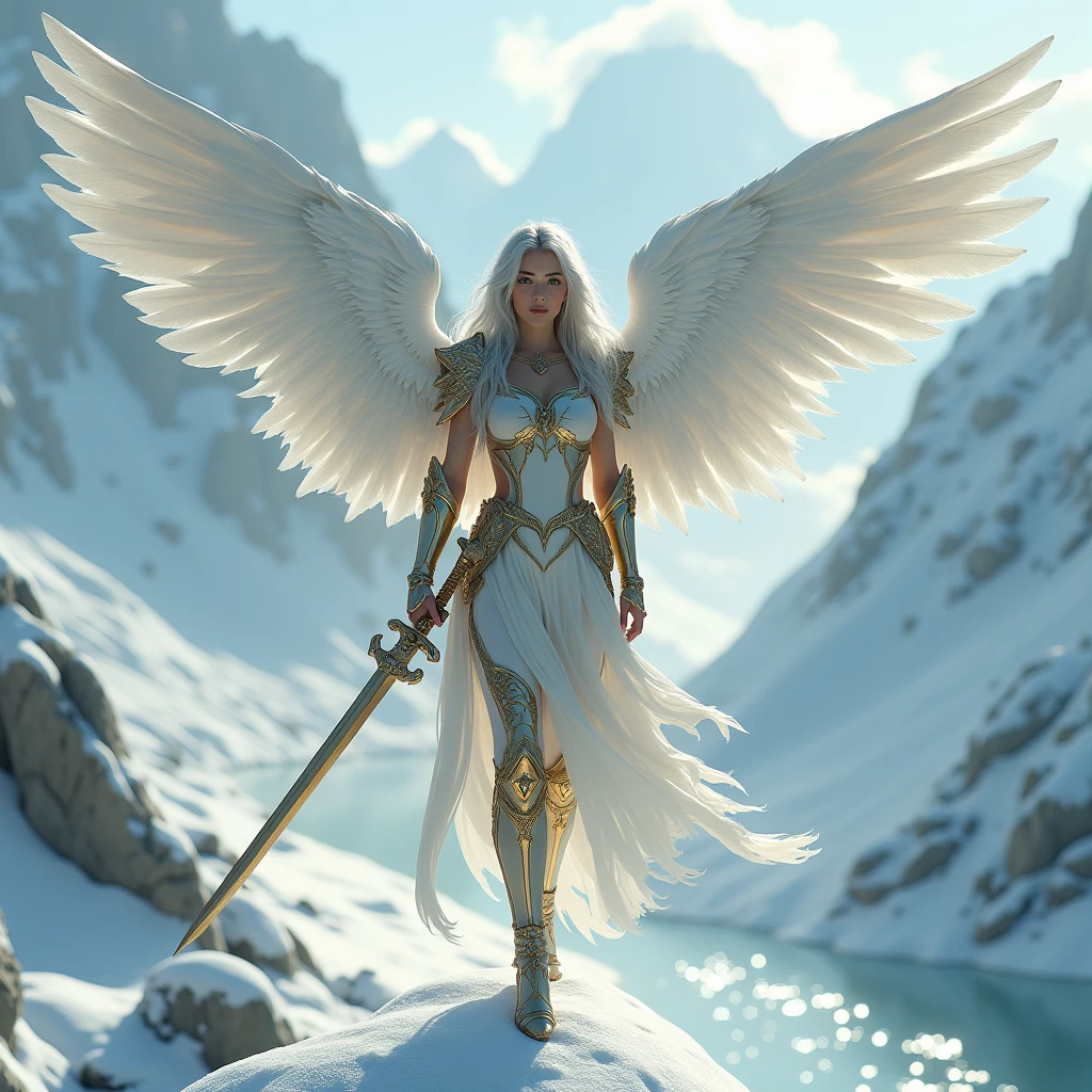 1girl, Solo, Long Hair, Breasts, From Above, Accurate, Best Quality, Anatomically Correct, A tall Young women, stunningly beautiful, with wing sprouting from her back like an angle, her decent from the sky on a snowy mountain top with a seren river flowing in the back made her look even more Mesmerizing, she has Silver-white hair and Holding a long sword in her hand, her calm grey eyes, and she is covered in full body armor covering her from neck to toe, her armor in gold -white color which looks like an heavenly armor