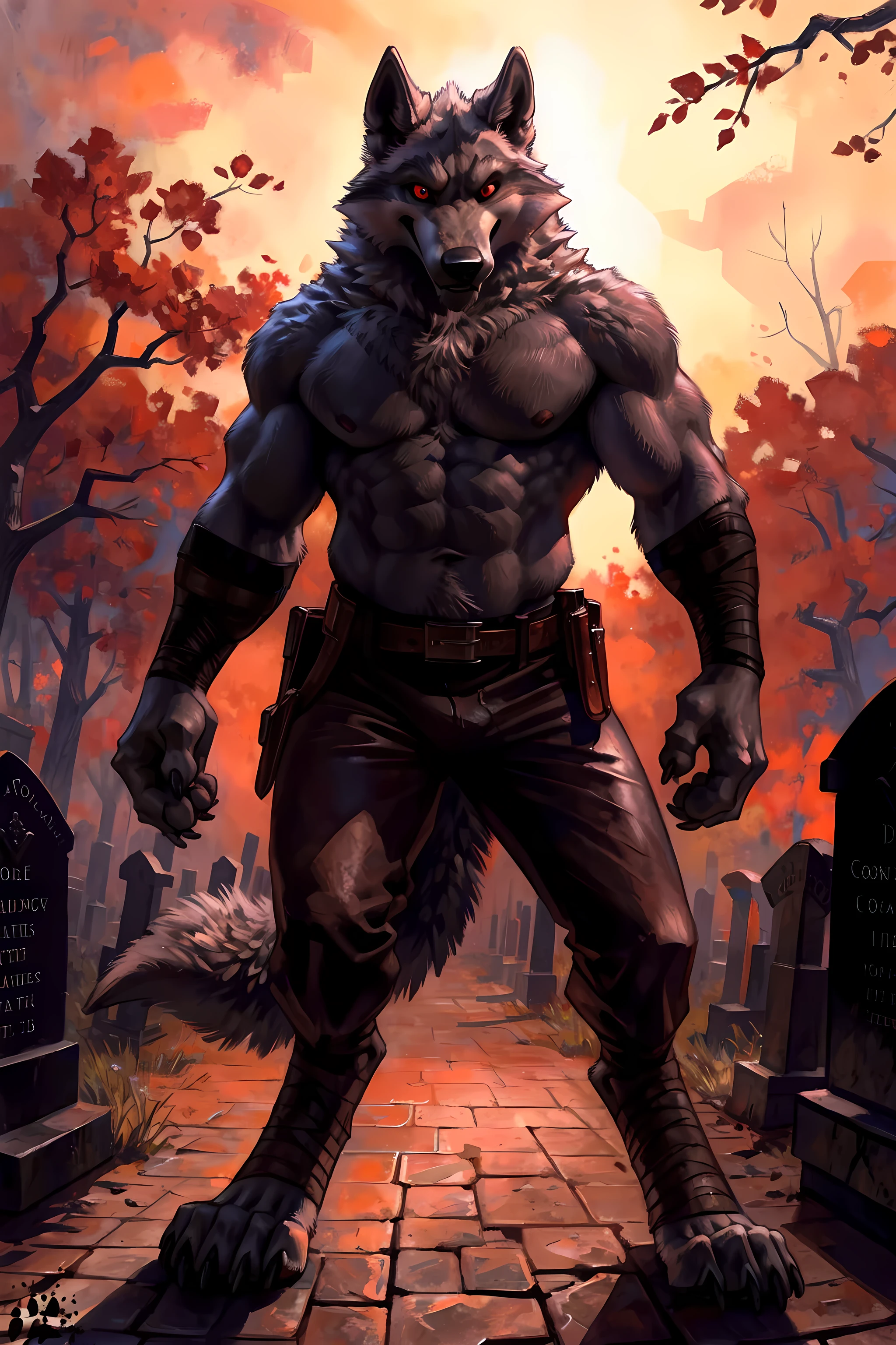 death (puss in boots), deathwolf, front view, facing camera, muscular chest, very muscular, abs, detailed fur, correct lighting, correct shadows, outdoors, by blotch, by taran fiddler, wolf tail, correct proportions, correct anatomy, correct muscles, leather pants:1.1, belt buckle:1.1, detailed belt buckle, detailed belt, red eyes, (strong shadows, dramatic shadows, dark, darkness, dim):1.2, trees, graveyard,