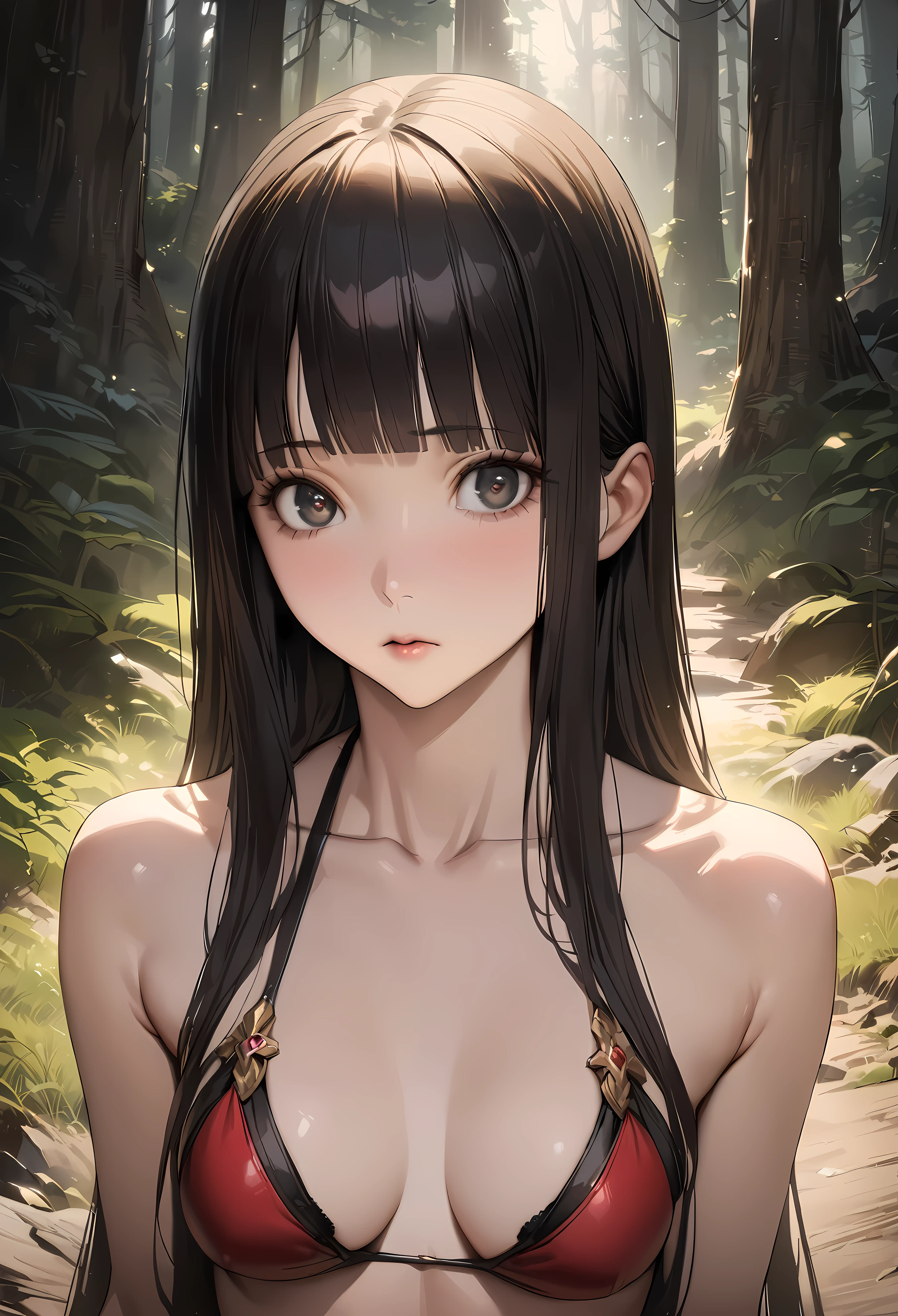 Fantasy art、((masterpiece,best quality anime,Highest quality:1.3)),realistic,portrait,1woman,(Mature Beauty),((very small head:1.4)),((very long body:1.3)),long hair,black hair,bangs,(gorgeous big eyes),black eyes,((slender body:1.3,skinny:1.2)),medium breasts,(Red Bikini、red loincloth),navel,Brown leather gauntlets、walk,Mountaineering、Rugged mountain path、sunny、forest、Trees、A world of magic and fantasy、