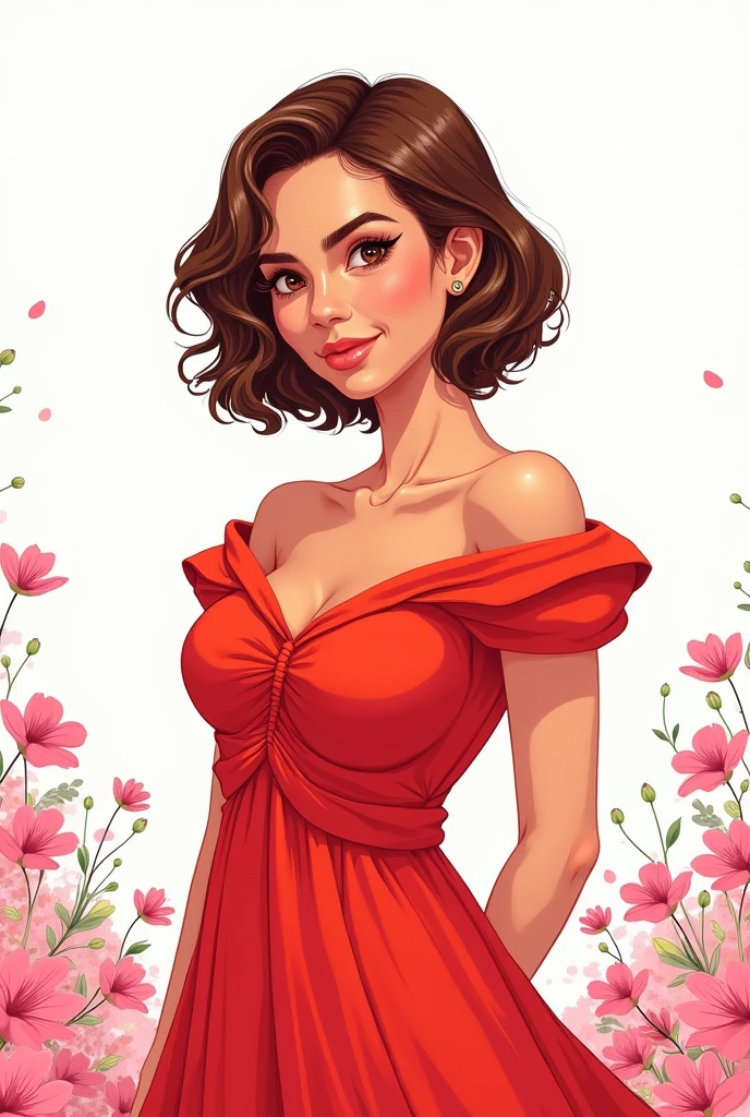 A colored drawing of a Brazilian woman on a white background with pink flowers. She will have short hair, brown and wavy, eyes browns, be a little fat and have fair skin. She will be wearing a red short sleeved dress.