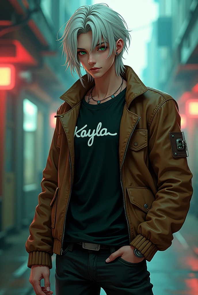 Boy, pele caucasiana, 20 year, White hair, wearing black jeans, wearing black boots, White T-shirt and her name 'KAYLA' has written on that, with brown aviator jacket, greeneyes,curved body, cocked ass, boy, cyberpunk atmosphere, Raby, アニメ, .Smile,Blonde Hair, 
