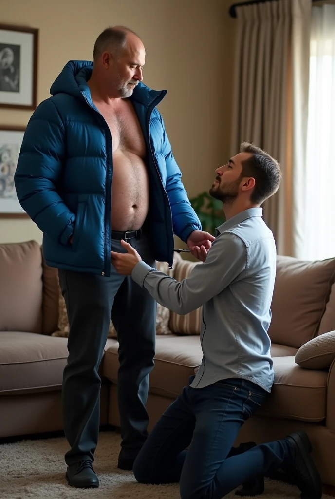 Create a hyper-realistic, high-resolution image showing two extremely handsome  brightly lit living room. The wonderful and seductive uncle, aged 42, with short hair beginning to show signs of balding, is wearing dark pants and an open, *extremely shiny blue nylon puffer jacket* that exposes his slightly hairy chest and slightly prominent belly. He is kneeling on the floor, *wearing a collar around his neck*, being pulled by his gorgeous dominnering nephew, a 26 yo man with a naturally attractive physique, dressed in a fitted shirt and casual pants, stands next to his wonderful submissive uncle. (((The *nephew pulls the collar with a confident and authoritative expression*, while the uncle, *kneeling*, looks up with a submissive expression))). The living room is natural high iluminate, with normal, comfortable decor that enhances the realism of the scene. The image should capture every detail with precision, emphasizing the interaction and contrast of roles between the two men.