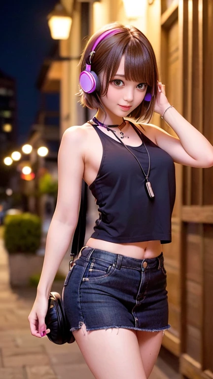 1 high school girl、Bob Hair、Medium breast、((headphone、Hang your smartphone from a strap around your neck:1.2))、Tank top、belly button、mini skirt:1.3、Slender body、Beautiful legs、Park Square at night、Masterpiece:1.3、Raw photo quality、Highest quality、Highest detail image、Detailed Background、