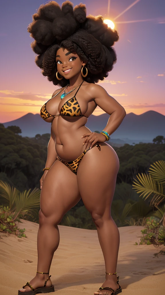 (((Jackie Parris))), (((Simon Bisley))), (((Frank Frazetta))), ((((absurdists))), (((best quality))), (((masterpiece))), (((thicc))), (((afro hair))), large, chubby, wide hipped, thicc, aged-32, African woman, large chest, Zulu warrior of the middle ages, white war paintings on body, perfect and proportional body, cheetah print, big black afro hair, black-skinned savanna warrior wearing very few clothes and many necklaces and body adornments, tiny green bikini made of African beads and crystals, sandals, smiling, crystal, red sunset, focus on ass