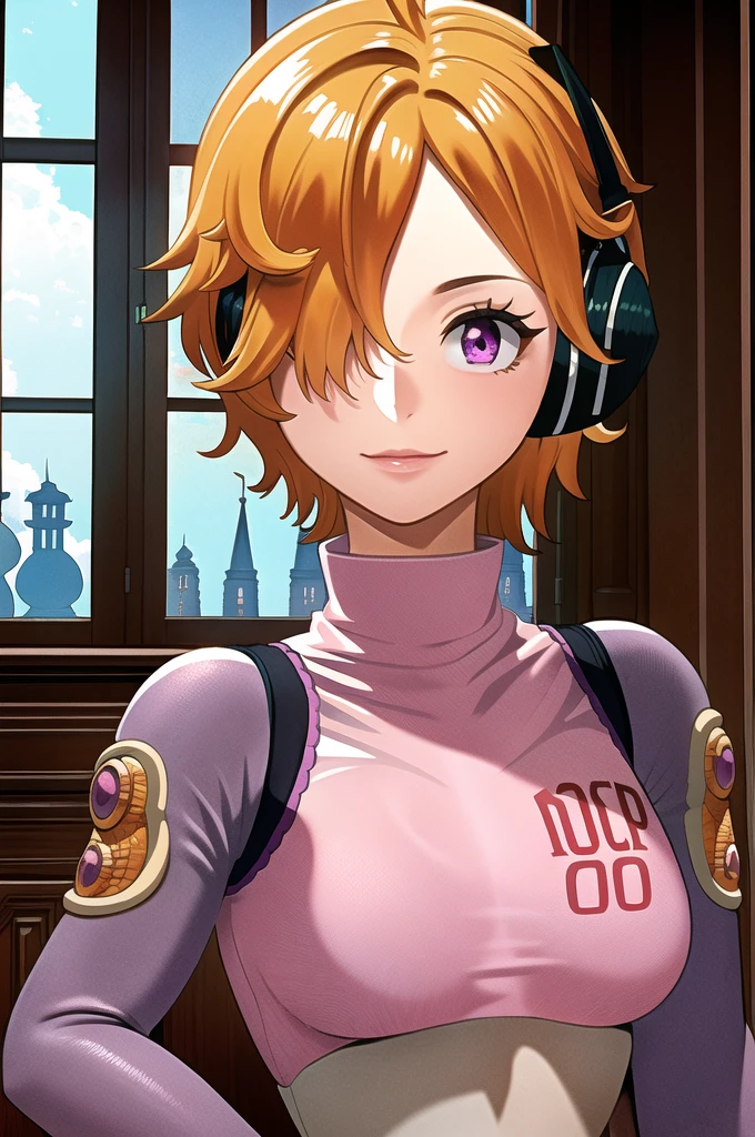 masterpiece, ((ultra detailed background, delicate pattern, intricate detail)), (highly detailed, fine details), best quality, beautiful lighting, ((medium breasts, slim girl)), 1girl, Lilith, (bangs covering one eye), ((light orange hair)), headphones, purple eyes, dark-blue jacket, ((pink bodysuit, full-body suit)), complex detailed background, inside, castle room environment, medieval castle, gray walls, window, bookshelf, (close-up, portrait),  