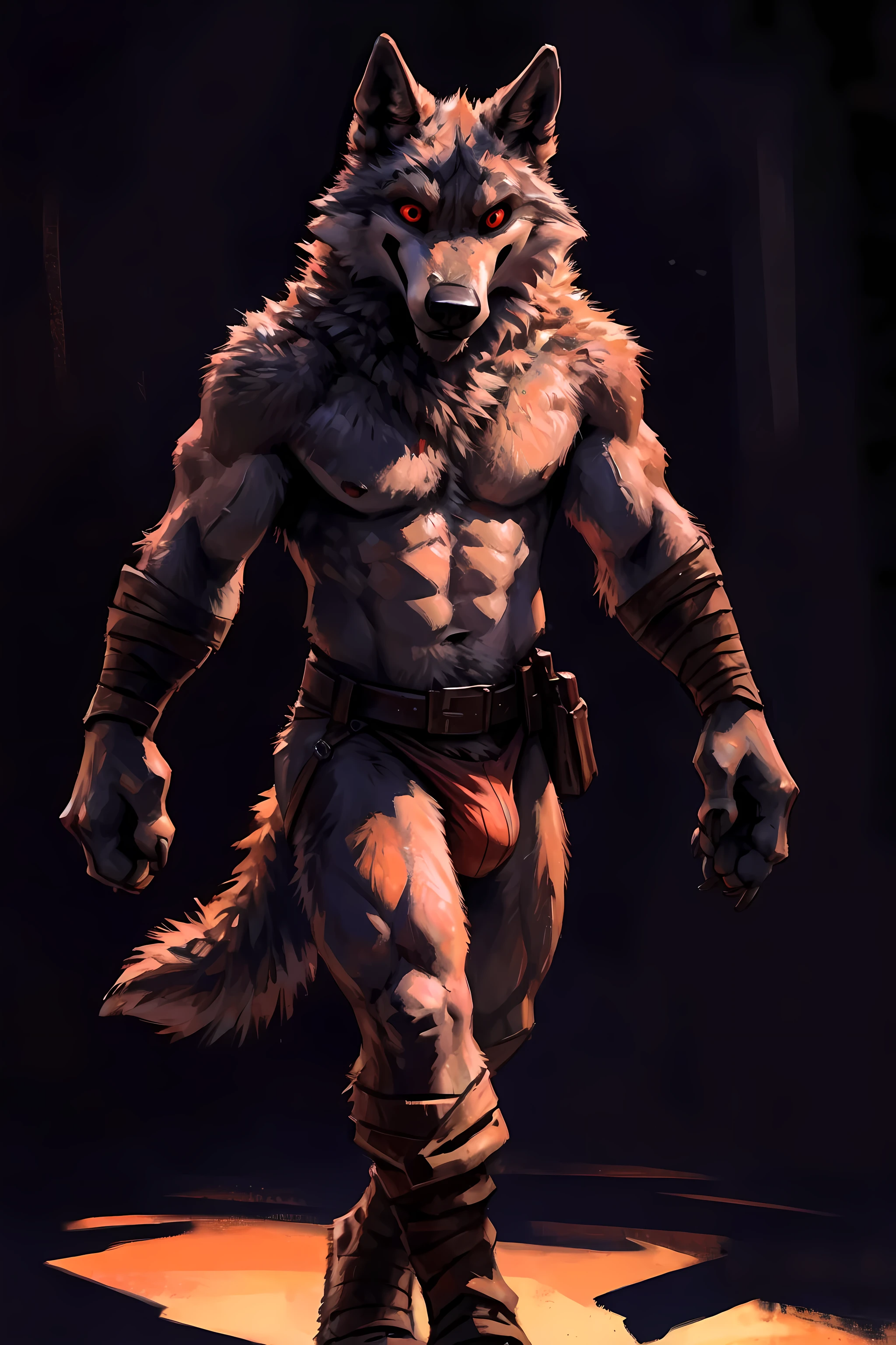 death (puss in boots), front view, facing camera, muscular chest, very muscular, simple background, by kenket, by taran fiddler, wolf tail, correct proportions, correct anatomy, correct muscles, jockstrap, belt buckle:1.1, detailed belt buckle, detailed belt, red eyes, (strong shadows, dramatic shadows, dark, darkness, dim):1.2