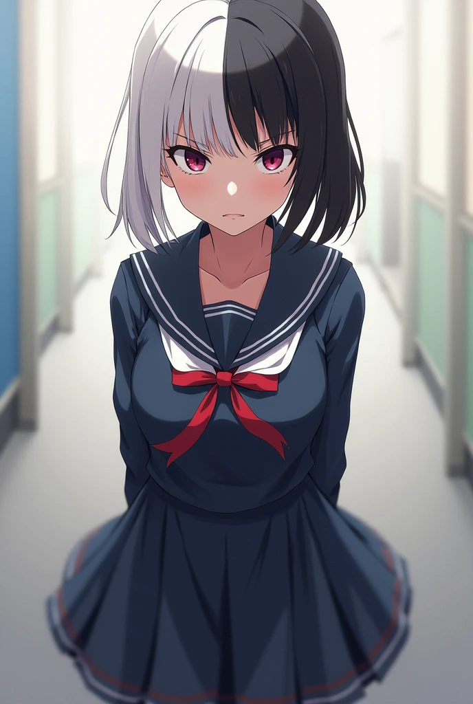 An anime girl with white and nlack hair in school drees with sharp eyes full body in serious