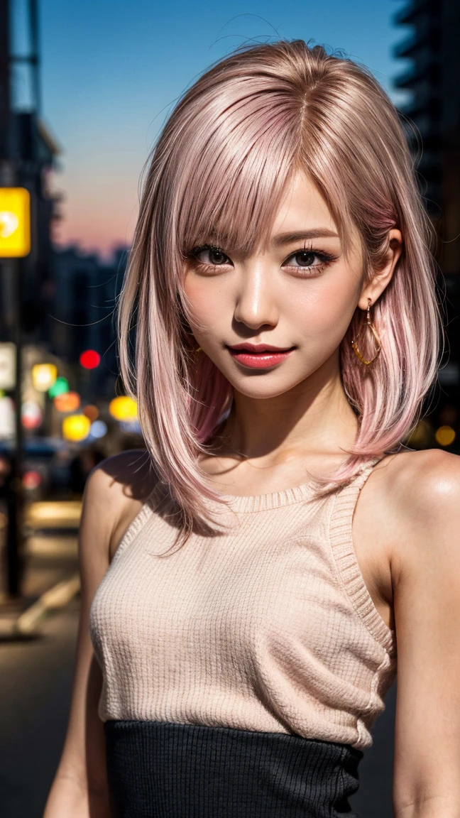 Highest quality, Tabletop, Ultra-high resolution, (Realistic:1.4), (Japanese Idols),RAW Photos, One Girl, night,Detailed skin,Blurred cityscape of South Korea,,Blonde, (Pink inner hair:1.3),Glossy Lips,smile,(Model pose:1.2),2,Beautiful and beautiful eyes,Diamond jewellery,Earrings,Gold Jewelry,Cold Light,Tight black knitwear,,(Strengthened upper arms:1.2),A well-trained body,Pixie Hair