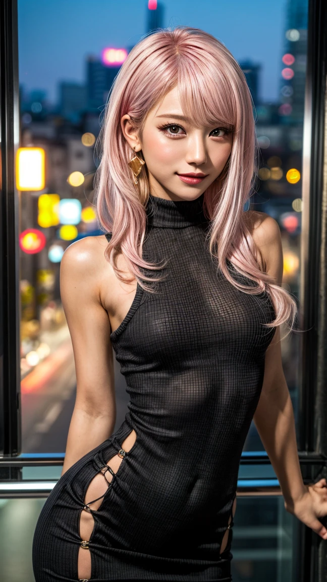 Highest quality, Tabletop, Ultra-high resolution, (Realistic:1.4), (Japanese Idols),RAW Photos, One Girl, night,Detailed skin,Blurred cityscape of South Korea,,Blonde, (Pink inner hair:1.3),Glossy Lips,smile,(Model pose:1.2),2,Beautiful and beautiful eyes,Diamond jewellery,Earrings,Gold Jewelry,Cold Light,Tight black knitwear,,(Strengthened upper arms:1.2),A well-trained body,Pixie Hair