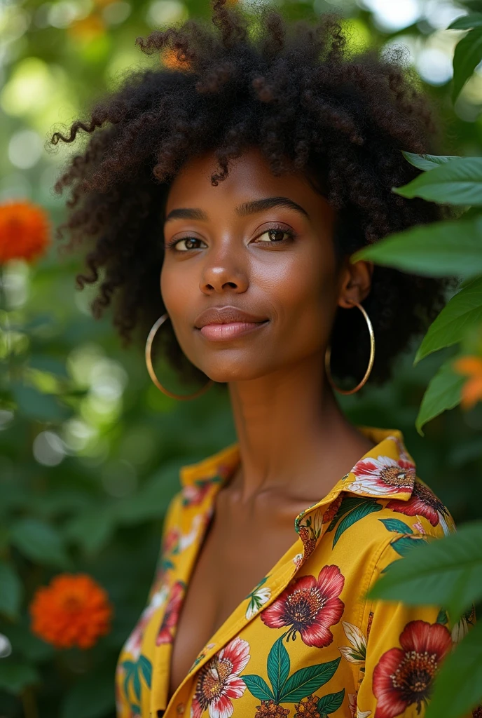 A Brazilian woman in a lush tropical garden, wearing an open shirt with a floral print, with a close-up capturing the harmonious beauty between her breasts and the natural flowers, showing off your natural charm and outgoing personality.
