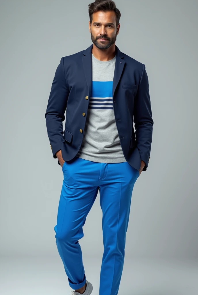 a man wearing lighty dark gray shirt with bright blue stripes with a bright blue pent with navy blue jacket