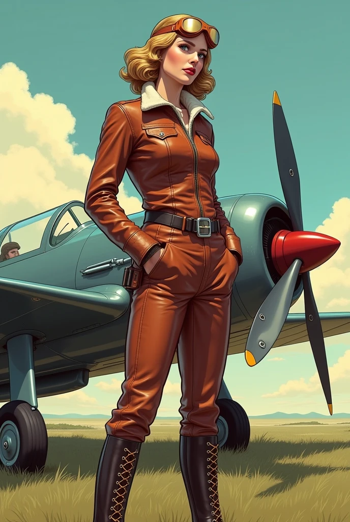 Masterpiece Realistic Color Comic Illustration, Don Lawrence style, Imagine Maude Adams in 1932, a 3 American woman, standing confidently beside her Lockheed Vega aircraft on the brink of her historic solo transatlantic flight. She's dressed in her iconic pilot attire: a leather flight jacket, breeches, and tall lace-up boots, embodying the spirit of adventure. Her gaze is fixed on the horizon, a symbol of her determination and pioneering spirit. The Vega, a symbol of technological achievement of the era, gleams under the early morning sun, poised on a grassy airfield. This moment captures the anticipation and courage of a trailblazer about to etch her name into the annals of aviation history, 16K, ultra high res.photorealistic, UHD, RAW
