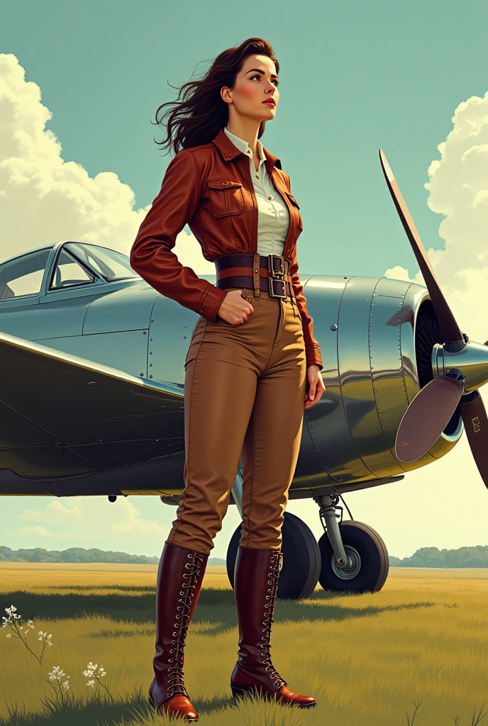 Masterpiece Realistic Color Comic Illustration, Don Lawrence style, Imagine Maude Adams in 1932, a 3 American woman, standing confidently beside her Lockheed Vega aircraft on the brink of her historic solo transatlantic flight. She's dressed in her iconic pilot attire: a leather flight jacket, breeches, and tall lace-up boots, embodying the spirit of adventure. Her gaze is fixed on the horizon, a symbol of her determination and pioneering spirit. The Vega, a symbol of technological achievement of the era, gleams under the early morning sun, poised on a grassy airfield. This moment captures the anticipation and courage of a trailblazer about to etch her name into the annals of aviation history, 16K, ultra high res.photorealistic, UHD, RAW