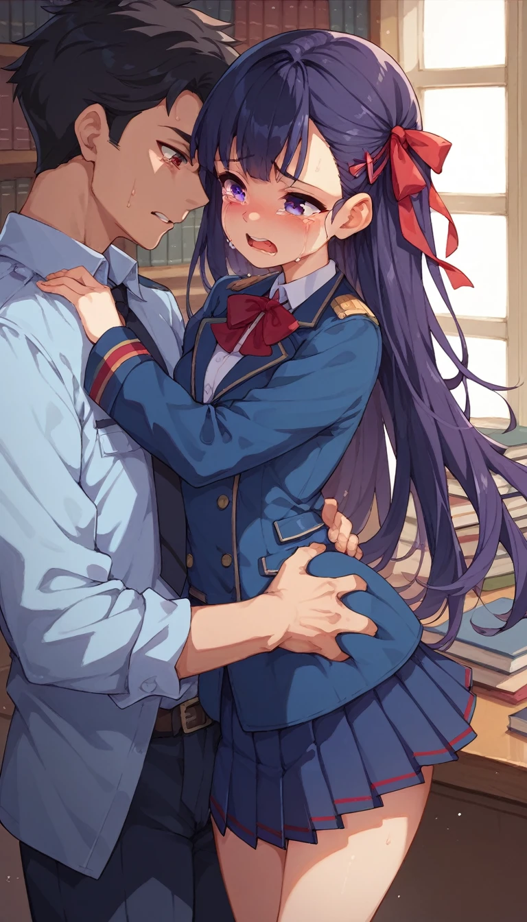 NSFW,Inside the library、1 girl, red eyes, purple eyes, long hair, black hair, hair ribbon,red ribbon,, navy blue jacket, navy blur skirt, pleated skirt,(((Are crying))。Small breasts、1boy、crotch grab