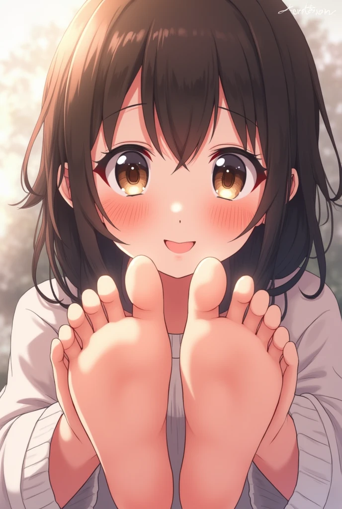 Beautiful anime girl,soles of feet,(( 5 toed feet)),smiling, blushing