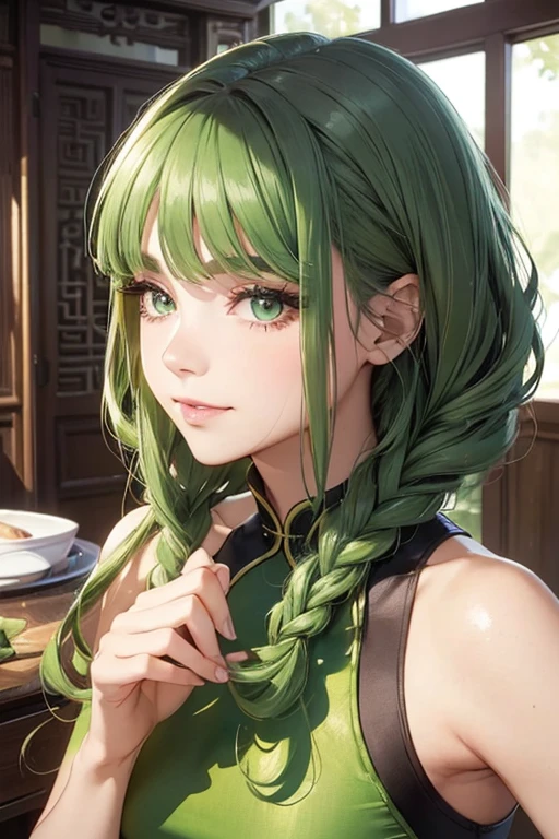 (Highest quality, masterpiece:1.2), High resolution, Very detailed, Realistic:1.37, Fantasy, An illustration, Green Eyes、Queen, Platinum decoration、beautifully、Eyeshadow Red、Thick eyebrows、Long eyelashes、pupils are black、((Her hair is light green)).Embarrassing、people々々々々々々々々々Loved by、Shoulder Bare、Braiding、((Swimwear)).(Save face image),(smile)、((China dress)).