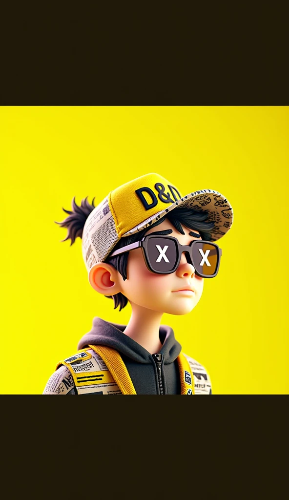 A unique toy character with a pixel art style. The character wears a hat with the text D&D displayed prominently on the front panel, in a stylish font. The character also has glasses, with one lens showing 'Xand the other X ensuring the text is legible. The character is dressed in modern streetwear, detailed with newspaper and magazine elements instead of regular patterns, and vibrant colors. The background is colorful, making the character look stylish and futuristic. The image should have a high-quality, C4D-style render of the character's side profile,
