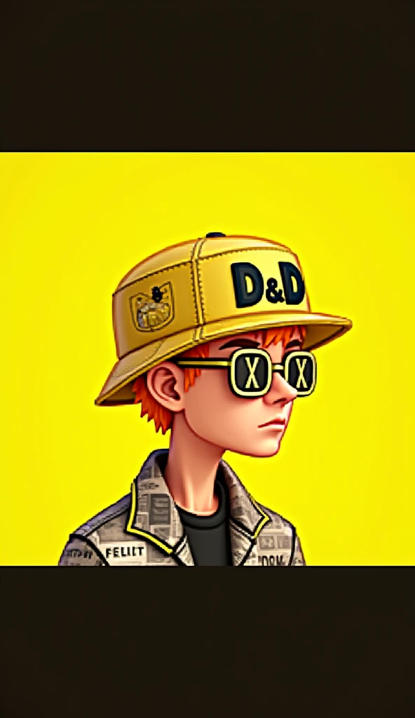 A unique toy character with a pixel art style. The character wears a hat with the text D&D displayed prominently on the front panel, in a stylish font. The character also has glasses, with one lens showing 'Xand the other X ensuring the text is legible. The character is dressed in modern streetwear, detailed with newspaper and magazine elements instead of regular patterns, and vibrant colors. The background is colorful, making the character look stylish and futuristic. The image should have a high-quality, C4D-style render of the character&#39;s side profile, 
