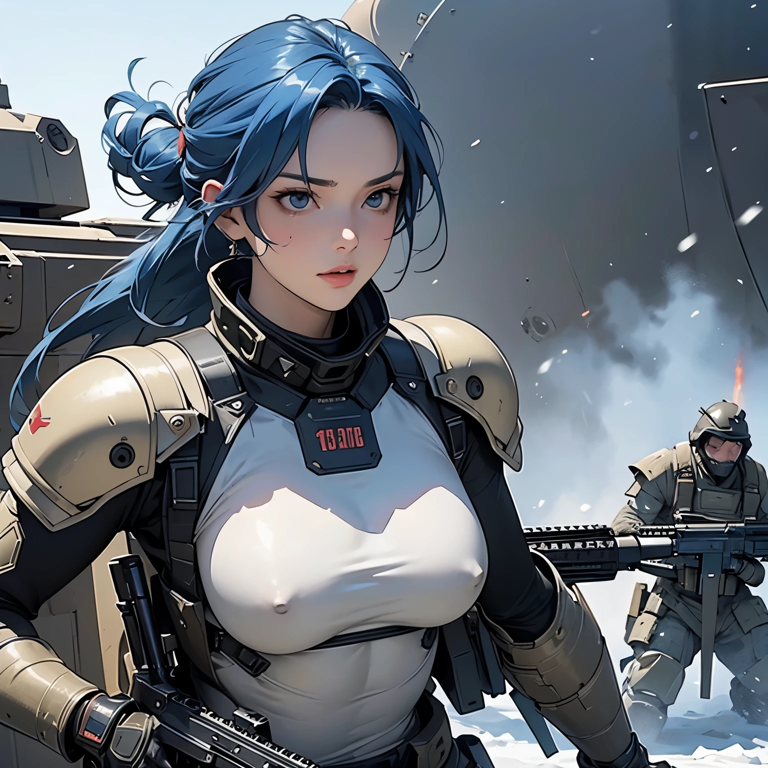 nsfw, anime screencap, 16K, perfect anatomy proportion body, perfect hands, action, A dynamic composition with a sense of speed and movement, (Hold an assault rifle:1.6), a wife, 40age, perfect beautiful delicate sexy face, perfect beautiful delicate drooping eyes, blue hair, updo, large breasts, abs, Camouflage-colored heavy armored steam engine full armor powered suit, Many heavily armored robot soldiers are engaged in a firefight in the background., Flying bullets, Snowy Battlefield, war, Post-apocalyptic,