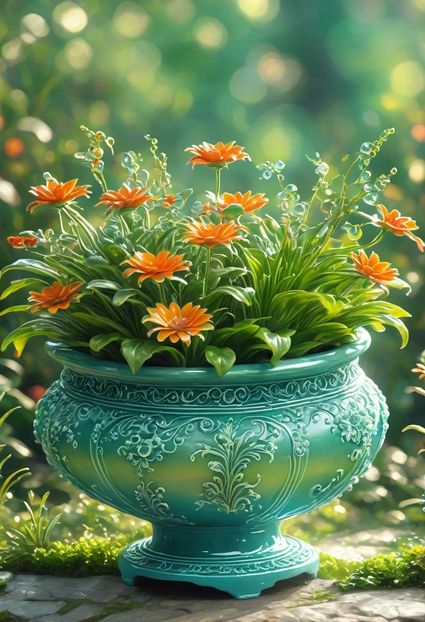 best quality, very good, 16K, ridiculous, Very detailed, Gorgeous((flowerpot)))，Made of translucent Ceramics, Background grassland（（A masterpiece full of fantasy elements）））， （（best quality））， （（Intricate details））（8K）