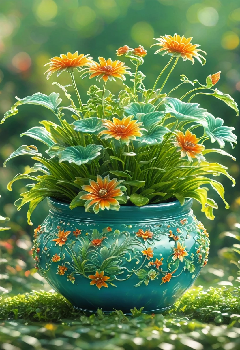 best quality, very good, 16K, ridiculous, Very detailed, Gorgeous((flowerpot))),Made of translucent Ceramics, Background grassland((A masterpiece full of fantasy elements))), ((best quality)), ((Intricate details))(8K)