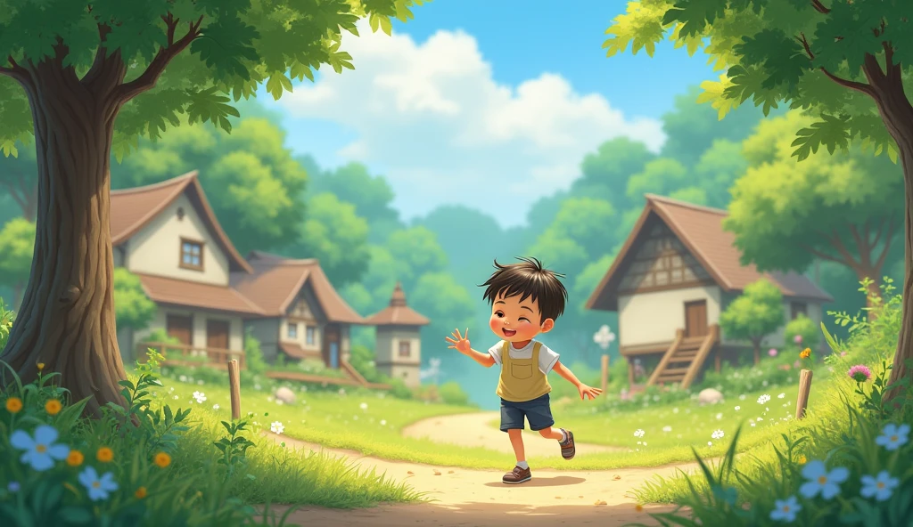 A small picturesque village in the country side.A young boy wearing clothes,is playing joyfully outside his home with a backdrop of a green forest and a few village houses.