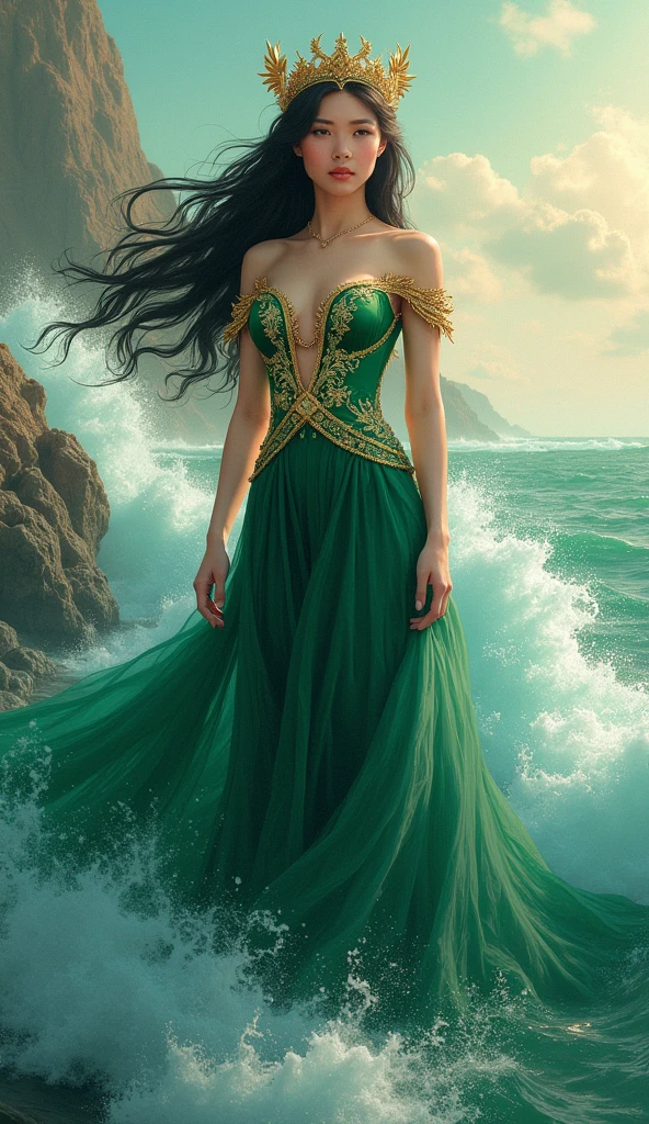 A stunning illustration of Nyai Roro Kidul in her emerald-green gown adorned with gold, her long hair flowing as she stands majestically amidst the waves.