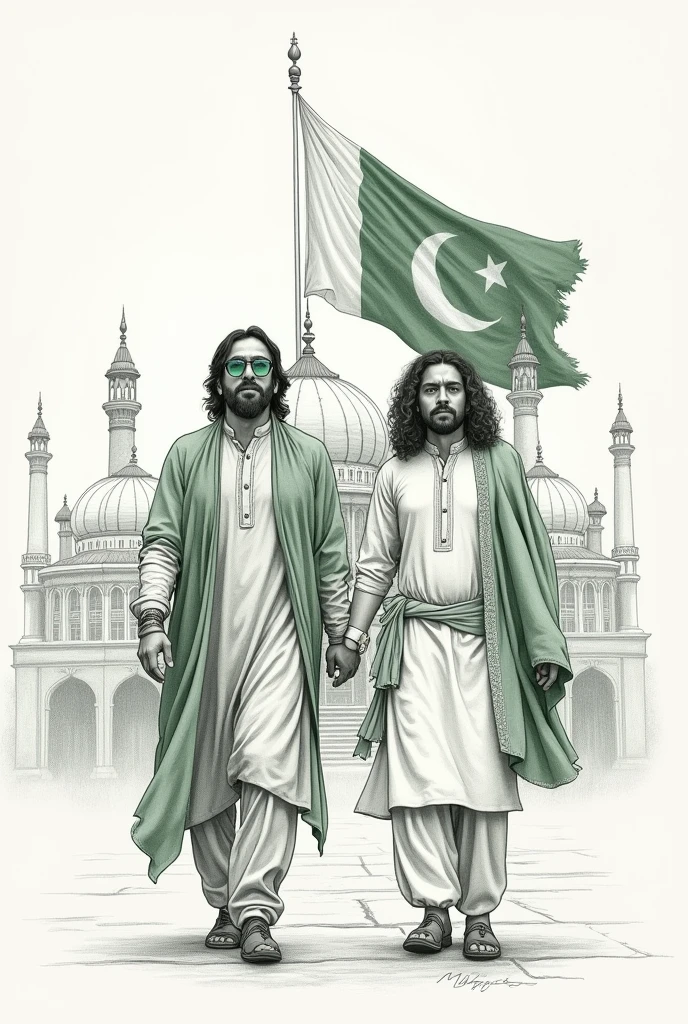 Pakistan independence day, art, cultural details, unique idea, pencil Sketch, 2 or 3 persos, Easy art, 