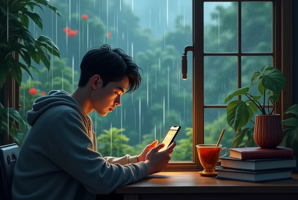 A young man is sitting at the window and playing a game on his mobile. Outside the window is beautiful nature, it is raining. There is also a cup of tea and books at the window.