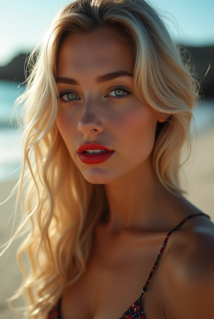 ((Give your subject a three-dimensional look through the contrast of light and shadow)), realisti (fotorealistier Realismus 16K Qualität), Ultrarealistie Details: Velvety skin, Blonde long, hair combed to the side, Symmetrical lips, bright shiny red_lipstick, long blue_eyelashes, Pupils, (clear sharp focus, Not blurry, realisti brown_eyes:1.35), anatomically correct, proporções perfeitas), hyperfotorealisti ((portrait)) a cute 1model:1.4 2, dslr, other, high quality, soft lighting, sharp focus captured with Fujifilm XT3, f 5.6, in a dramatic lighting, (perfect composition), pale skin, (dry skin), ((Ihr Outfit otherht aus einem Bikini,)), The background is a beach