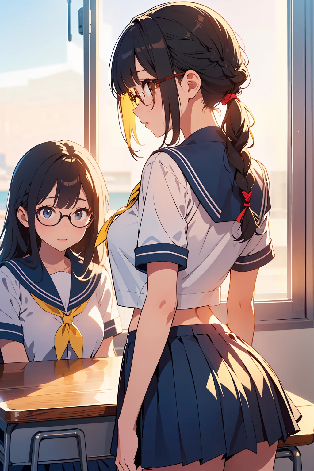 Backwards、Looking back、Beautiful buttocks、Beautiful thighs、独奏、Big Breasts、1人のhigh school girl、(Sailor suit summer jacket、Short sleeve shirt、Yellow ribbon、Navy blue micro mini skirt、Navy blue pleated skirt)、Slim Body、Standing beside a desk、(Black Hair、Low Pony、Braid、Glasses)、Bright classroom、high school girl、Girls&#39; High School、School