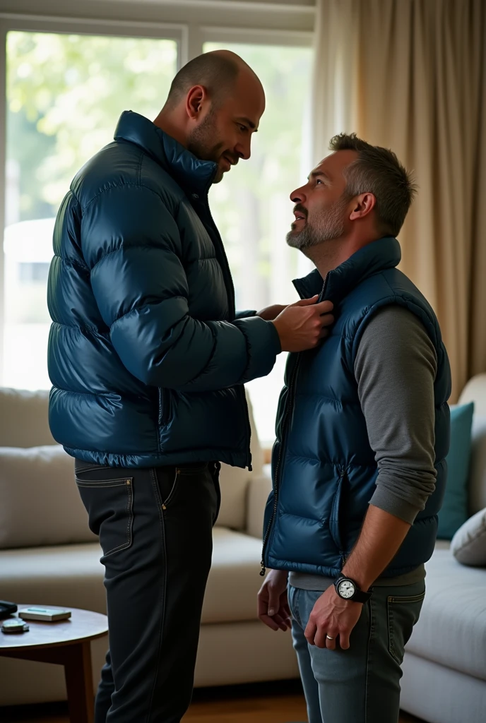 Create a hyper-realistic, high-resolution image showing two extremely handsome  brightly lit living room. The wonderful and seductive uncle, aged 42, with short hair beginning to show signs of balding, is wearing dark pants and an open, *extremely shiny blue nylon puffer jacket* that exposes his slightly hairy chest and slightly prominent belly. He is kneeling on the floor, *wearing a collar around his neck*, being pulled by his gorgeous domineering nephew, a 26 yo man with a naturally attractive physique, *dressed in a fitted shirt and casual pants*, stand in the side of his submissive womderful uncle. (((The * domineering nephew pulls the collar with a confident and authoritative expression*, while the uncle, *kneeling*, looks up with a submissive expression))). The living room is natural high illumination, with natural, comfortable decor that enhances the realism of the scene. The image should capture every detail with precision, emphasizing the interaction and contrast of roles between the two men. HANSOME DOMINEERING NEPHEW STANDS NEXT TO HIS WONDERFUL SUBMISSIVE UNCLE KNEELING ON THE FLOOR BEING HUMILIATED AND TREATING LIKE AN ANIMAL TO A NEPHEW.
