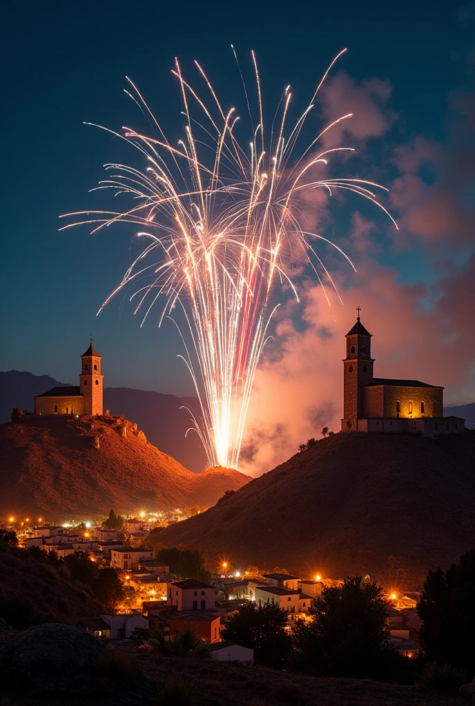 The night sky over Vrontados, Greece, lit up with thousands of rockets during the Rouketopolemos festival. Two churches on opposite hills are firing homemade rockets at each other. The sky is filled with streaks of light, and the ground below is dotted with small fires from the fallen rockets.