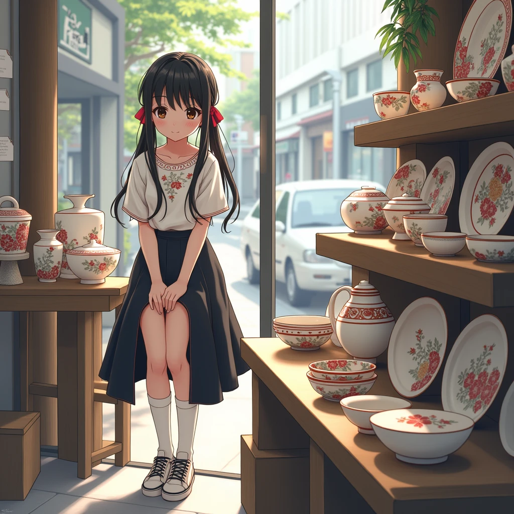 Anime Style, Realistic Background, Beautiful views,
A girl looking at ceramics, Hands in front, Place your hands on your thighs.
Casual clothes, Short sleeve, She is wearing a cute decorated white collarless blouse. mid black flare skirt, Wearing white knee-high socks, Wearing sneakers. not school uniform,
Her hair style is low twintails, with red ribbons, very long length and black, low pigtails.
bag, Late teens, Small breasts, Has dark brown eyes.
trip, Japanの陶磁器, Kutani ware ceramics, dish, Bowl, Cup, shop, indoor, Japan, Glass Door, street,
Summer vacation, Daytime, from side,
close up face, upper body, solo focus, feet out of frame, focus on face, not full body.