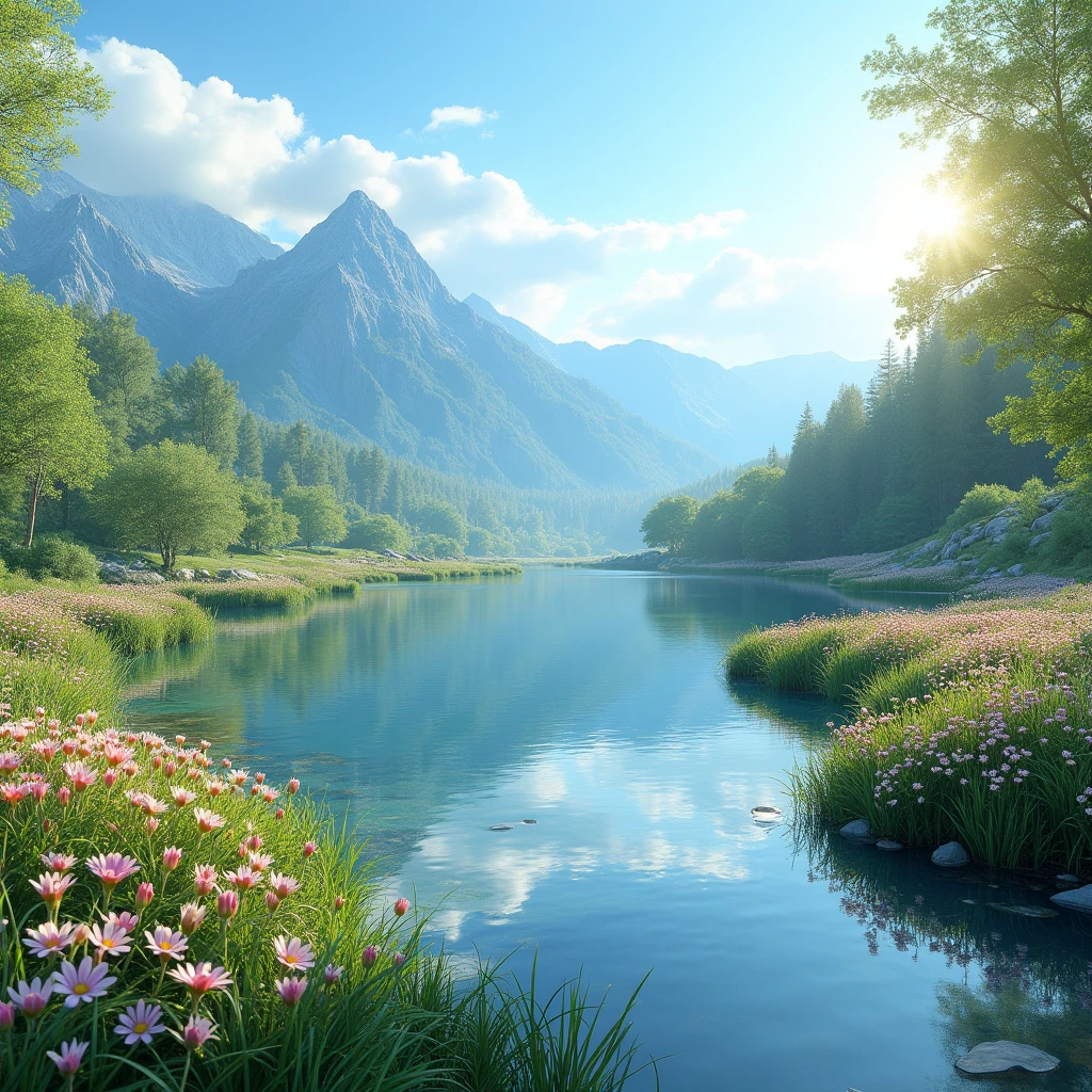 Ultra realistic image, landscape of nature, spring mode, a lake with colourfull vegetation and flowers, mountain, and blue skys, sun, hd, 8k 