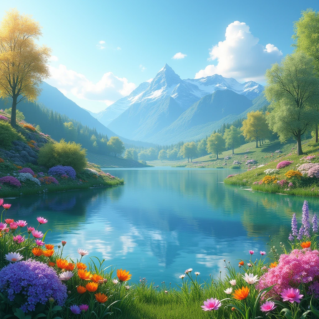 Ultra realistic image, landscape of nature, spring mode, a lake with colourfull vegetation and flowers, mountain, and blue skys, sun, hd, 8k