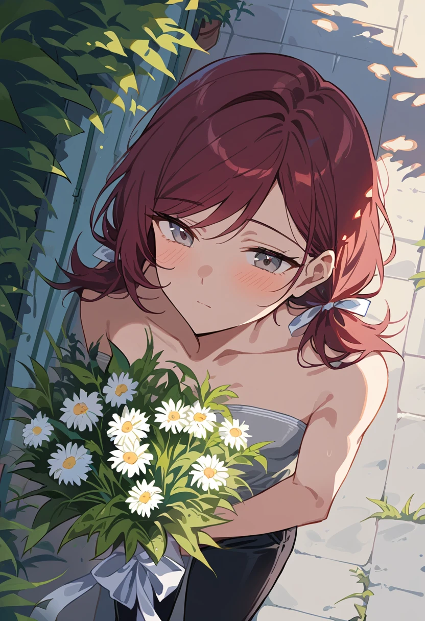 Masterpiece, highres, high Quality, detailed face, close up, from above, smelling bouquet of flowers, street, awning, shade, flowers, head tilt, beautiful face, Gray eyes, Dark red hair, swept bangs, low twin tails, white ribbons, strapless gray shirt with white trim, black jeans, small breasts, toned arms, flowers, sidewalk, weeds, dusk, garden,