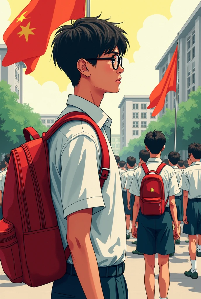  make a collage or comic that represents a boy student with black glasses wearing a uniform and carrying a red bag while doing a flag ceremony and add some other students who also doing a flag ceremony, make it like may POV looking at him and you choose what you need to put on ither side and add some kf your ideas to make it more gorgeous (make him tall and side view and handsome) remove the flag and make all the students also side view looking at one stage not like in the middle