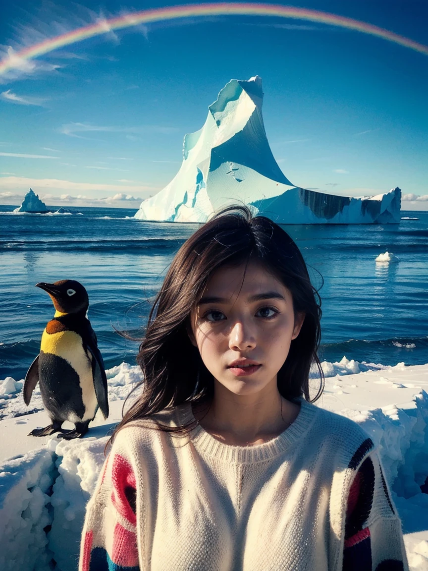 ((Top Quality)), ((Masterpiece)), ((Detail)), ((Colorful: 1.3)), Top half, (Eyeshadow: 1.0), ((Closeup: 1.1)), Saturation high, Strong reflection, Bright colors, Girl heavily foreground, ((Surrealism: 1. 0)), Iceberg warm: Penguin, Young Woman, sweater, iceberg - penguin and young woman in sweater in front of cold iceberg, contrast between warmth and cold, 