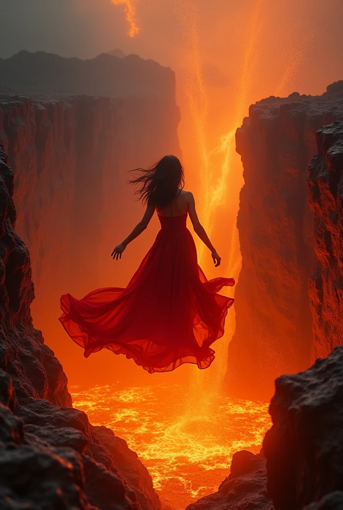 A woman, in a long sleeveed red dress, falling backwards into a volcano full of lava