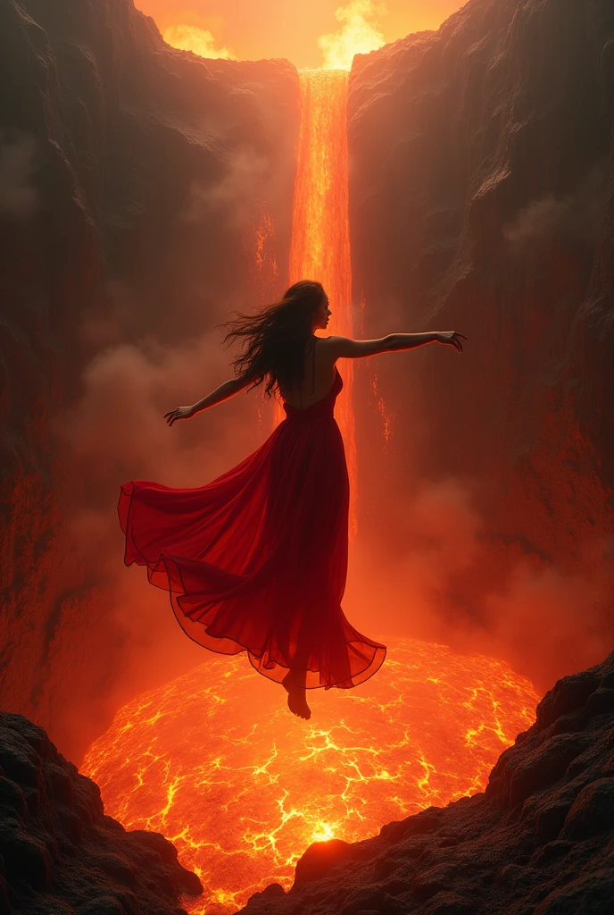 A woman, in a long sleeveed red dress, falling backwards into a volcano full of lava