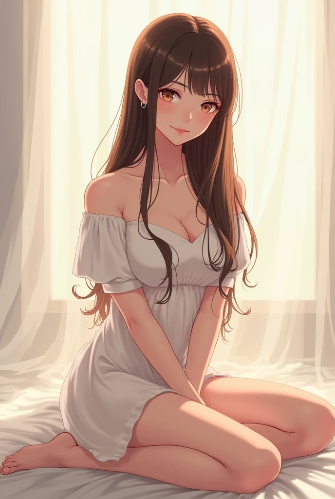 A brunette girl with straight hair and big breasts sits with her legs stretched out, taking a anime picture
