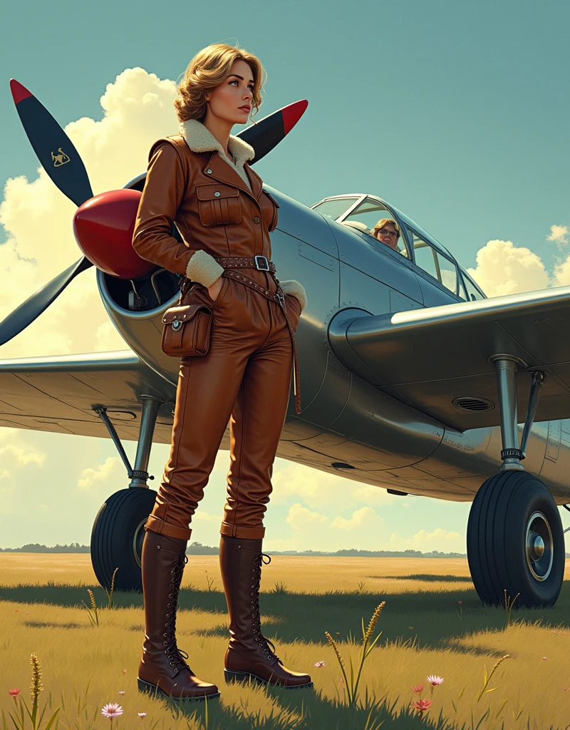 Masterpiece Realistic Color Comic Illustration, Don Lawrence style, Imagine Maude Adams in 1932, a 3 American woman, standing confidently beside her Lockheed Vega aircraft on the brink of her historic solo transatlantic flight. She's dressed in her iconic pilot attire: a leather flight jacket, breeches, and tall lace-up boots, embodying the spirit of adventure. Her gaze is fixed on the horizon, a symbol of her determination and pioneering spirit. The Vega, a symbol of technological achievement of the era, gleams under the early morning sun, poised on a grassy airfield. This moment captures the anticipation and courage of a trailblazer about to etch her name into the annals of aviation history, 16K, ultra high res.photorealistic, UHD, RAW