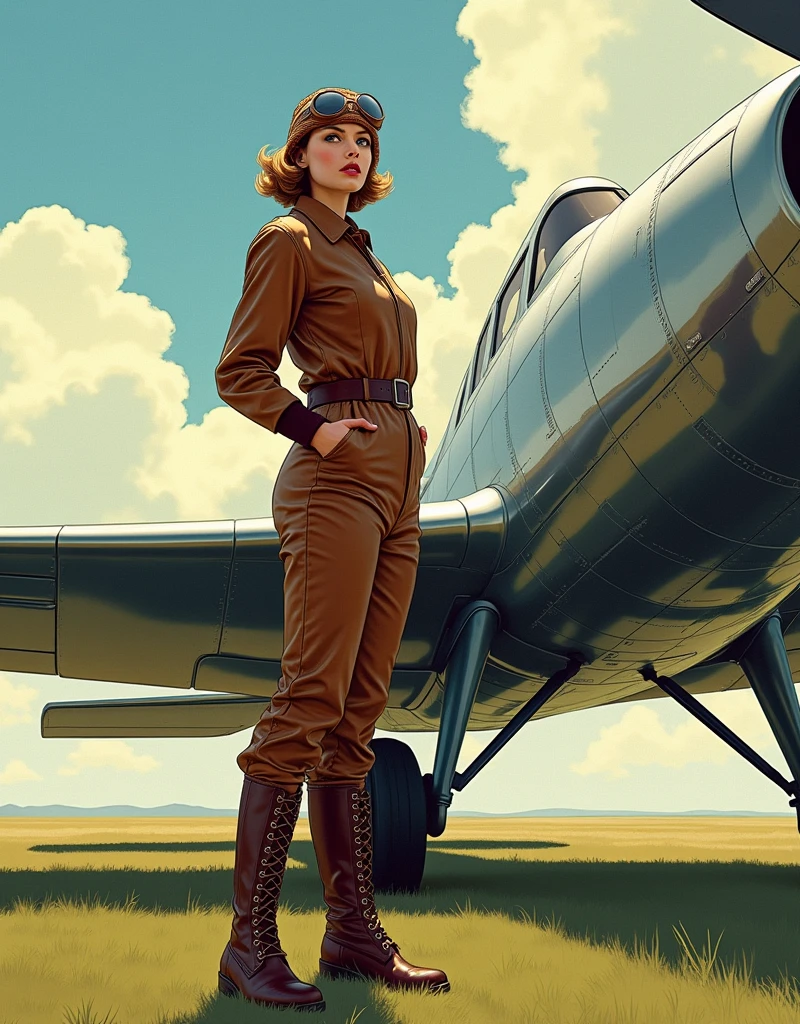 Masterpiece Realistic Color Comic Illustration, Don Lawrence style, Imagine Maude Adams in 1932, a 3 American woman, standing confidently beside her Lockheed Vega aircraft on the brink of her historic solo transatlantic flight. She's dressed in her iconic pilot attire: a leather flight jacket, breeches, and tall lace-up boots, embodying the spirit of adventure. Her gaze is fixed on the horizon, a symbol of her determination and pioneering spirit. The Vega, a symbol of technological achievement of the era, gleams under the early morning sun, poised on a grassy airfield. This moment captures the anticipation and courage of a trailblazer about to etch her name into the annals of aviation history, 16K, ultra high res.photorealistic, UHD, RAW
