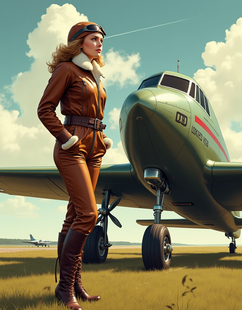 Masterpiece Realistic Color Comic Illustration, Don Lawrence style, Imagine Maude Adams in 1932, a 3 American woman, standing confidently beside her Lockheed Vega aircraft on the brink of her historic solo transatlantic flight. She's dressed in her iconic pilot attire: a leather flight jacket, breeches, and tall lace-up boots, embodying the spirit of adventure. Her gaze is fixed on the horizon, a symbol of her determination and pioneering spirit. The Vega, a symbol of technological achievement of the era, gleams under the early morning sun, poised on a grassy airfield. This moment captures the anticipation and courage of a trailblazer about to etch her name into the annals of aviation history, 16K, ultra high res.photorealistic, UHD, RAW
