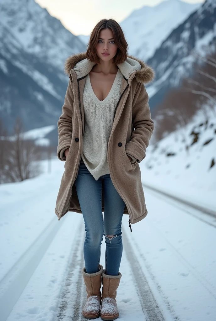 beautiful woman, short straight brown hair, (30 years, grey eyes, hourglass figure, perfect body, bright skin, natural medium breasts), soft facial features, Oval face, high forehead, lips closed, detailed face, detailed face, detailed eyes, detailed lips, beautiful long eyelashes, photorealistic, Fatal Woman, She is a sex symbol, she is a sex goddess, long eyelashes, cat eye makeup, stunning whole body shot, theres a woman standing on a snowy road In the snow, in the mountains, thick knit sweater, In the snow, Cold but beautiful, Cold, standing In the snow, winter atmosphere, Thick, in the mountains, snow on the body, warm poski and uggs, whole body:: snow outside::, back view