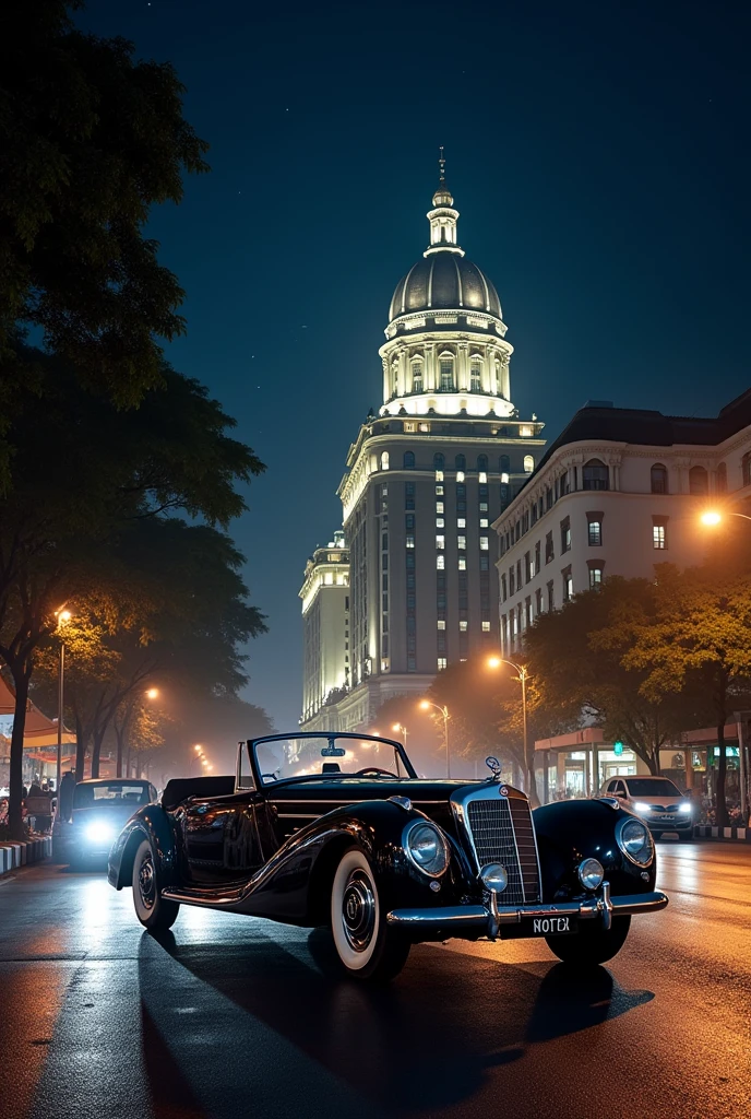 at night with sky  Mercedes-Benz 540K Cabriolet parking in opposite of Taj hotel Mumbai in the background
